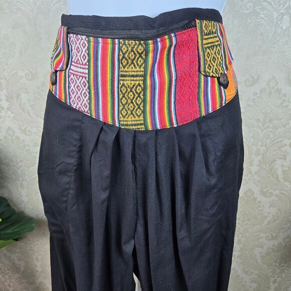 Indian Cotton Pants Black Colorful Stripes Elastic Waist Adj Ankle Ties Pockets - Picture 2 of 12